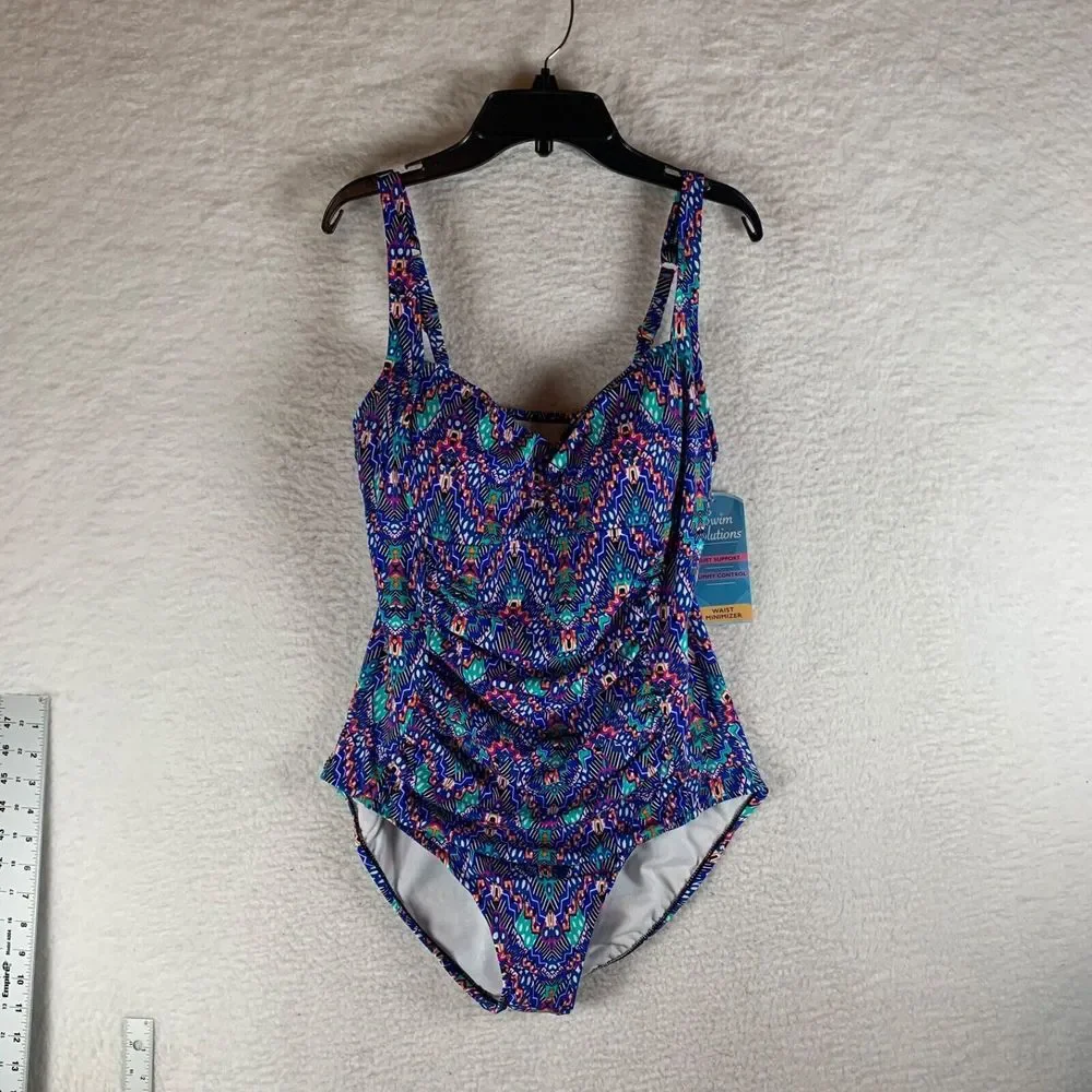 Swim Solutions Women's Tummy-Control Shirred One-Piece Swimsuit Size 14 NWT 9839 - Picture 1 of 5